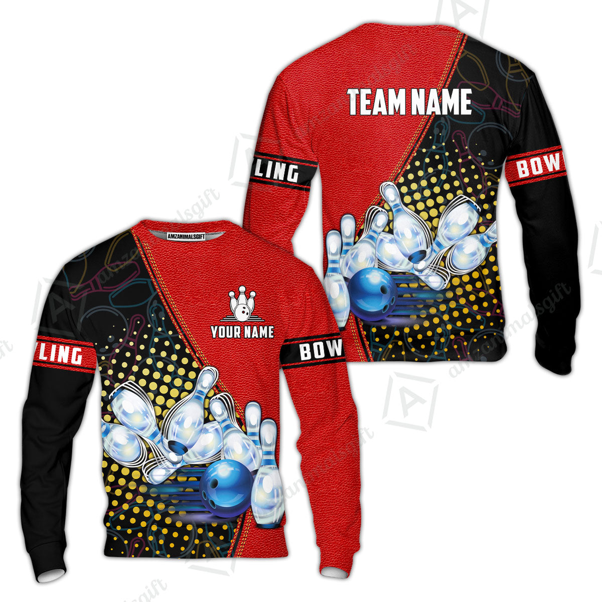 Custom Bowling Sweatshirt - Black And Blue Bowling Ball Pattern Personalized Name Sweatshirt