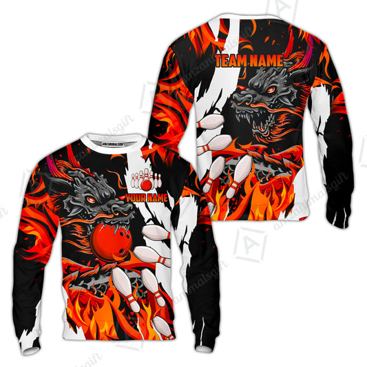 Custom Bowling Team Sweatshirt, Bowling uniforms Ball & Pins Dragon Flame Pattern Personalized Name And Team Name