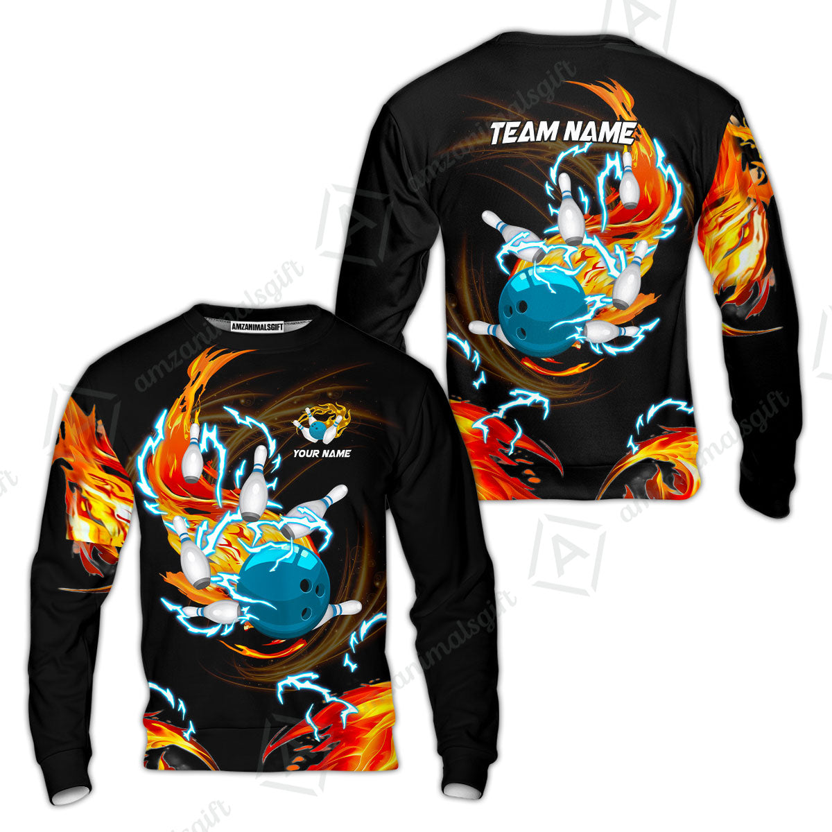 Customized Bowling Sweatshirt, Bowling Ball & Pins Breath Of Thunder Flame Multicolor Option, Perfect Outfit For Bowlers