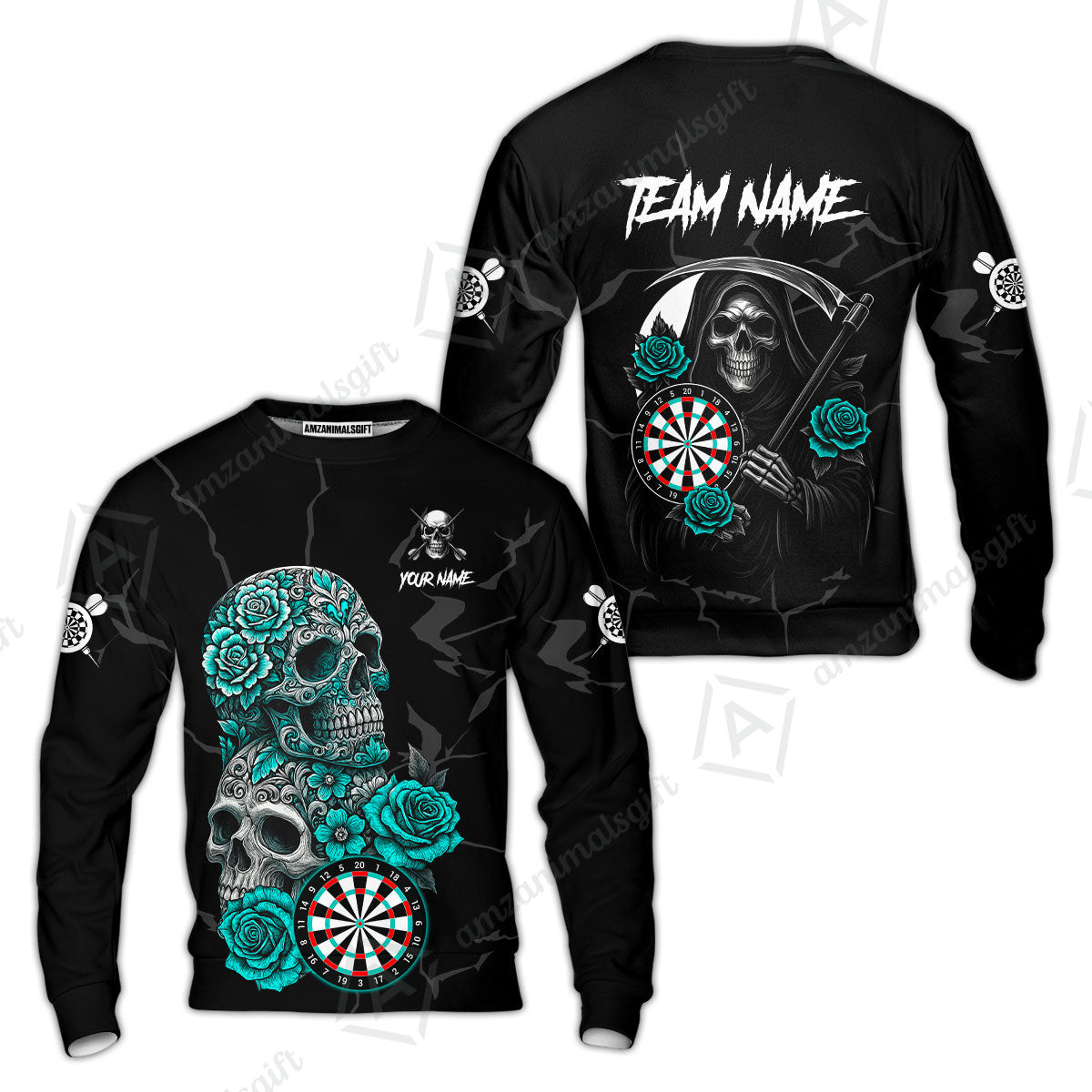 Customized Darts Sweatshirt, Darts Turquoise Skull Roses Dartboard Sweatshirt Style Jersey for Darts Players