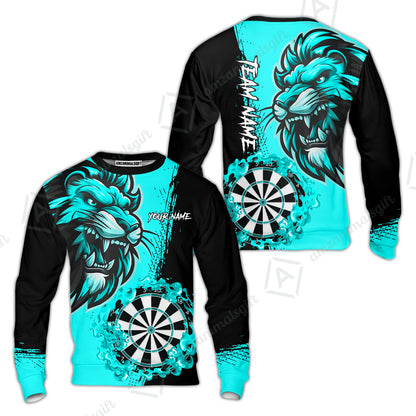 Custom Turquoise Funny Darts Team Unisex Polo Shirts, Darts uniforms Flame Lion Pattern Personalized Name And Team Name