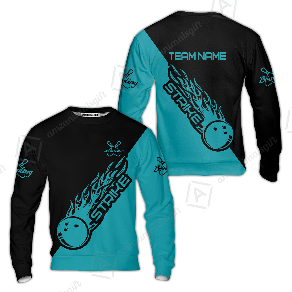 Bowling Customized Jersey Black Turquoise Shirt Strike Ball Bowling Tenpin Quarter Zip Shirt For Bowlers, Bowling Team