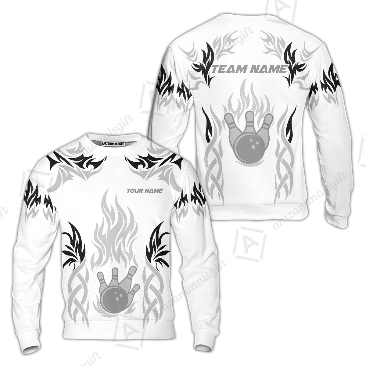 Personalized Bowling Team Sweatshirt, Tribal And Bowling Flame Multi Option Customized Polo Shirt - White
