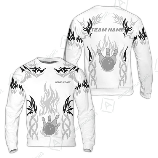 Personalized Bowling Team Sweatshirt, Tribal And Bowling Flame Multi Option Customized Polo Shirt - White