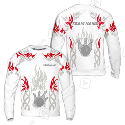 Personalized Bowling Team Sweatshirt, Tribal And Bowling Flame Multi Option Customized Polo Shirt - White