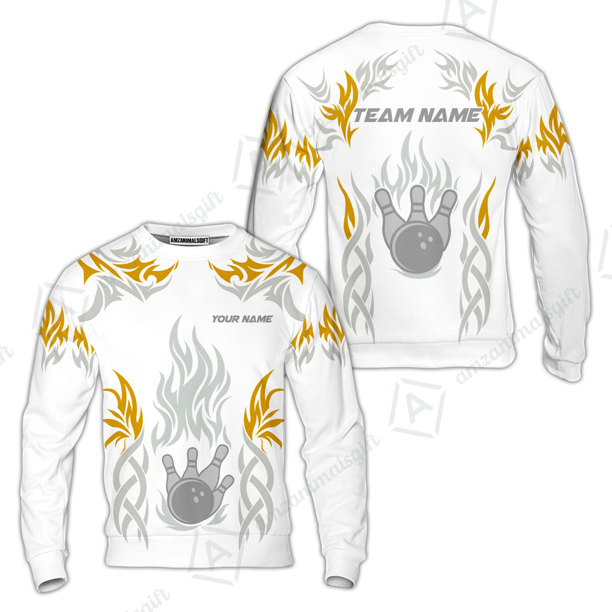 Personalized Bowling Team Sweatshirt, Tribal And Bowling Flame Multi Option Customized Polo Shirt - White