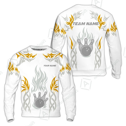 Personalized Bowling Team Sweatshirt, Tribal And Bowling Flame Multi Option Customized Polo Shirt - White