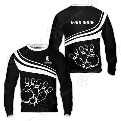 Bowling Customized Jersey Black Shirt White Curve Bowling Tenpin Quarter Zip Shirt, Outfit For Bowlers, Bowling Team