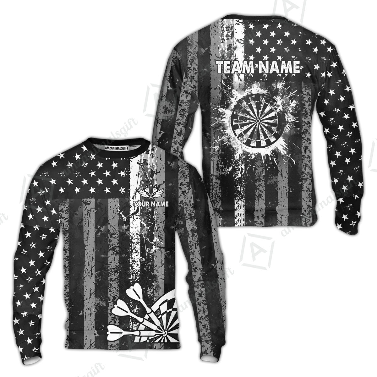 Customized Darts Sweatshirt, Turquoise Grunge US Flag Patriotic Darts Sweatshirt Jersey for Darts Players