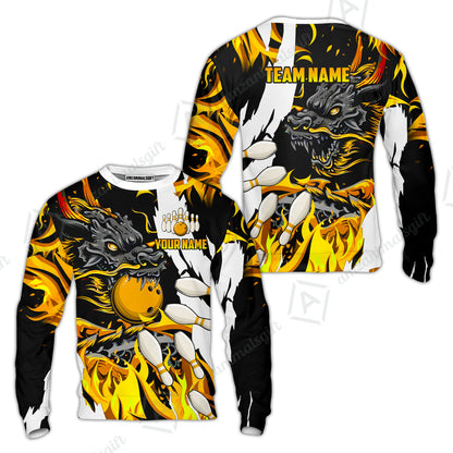 Custom Bowling Team Sweatshirt, Bowling uniforms Ball & Pins Dragon Flame Pattern Personalized Name And Team Name
