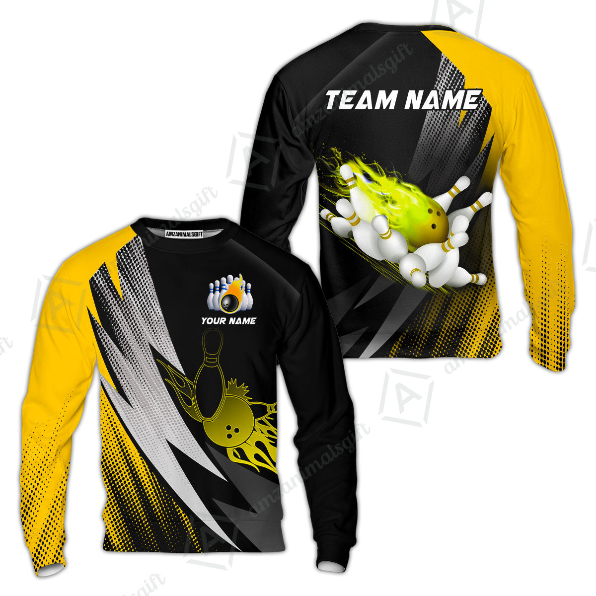 Customized Bowling Sweatshirt, Bowling Ball And Pins Thunder Polka Dot Motifs Multicolor Option Customized Name And Team Polo Shirts