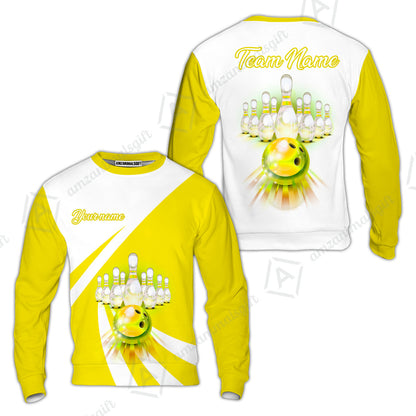 Bowling Customized Jersey White Yellow Shirt Rolling Bowling Tenpin Quarter Zip Shirt, Outfit For Bowlers, Bowling Team