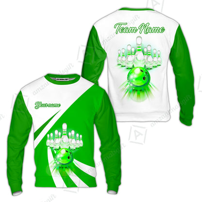Bowling Customized Jersey White Green Shirt Rolling Bowling Tenpin Quarter Zip Shirt, Outfit For Bowlers, Bowling Team