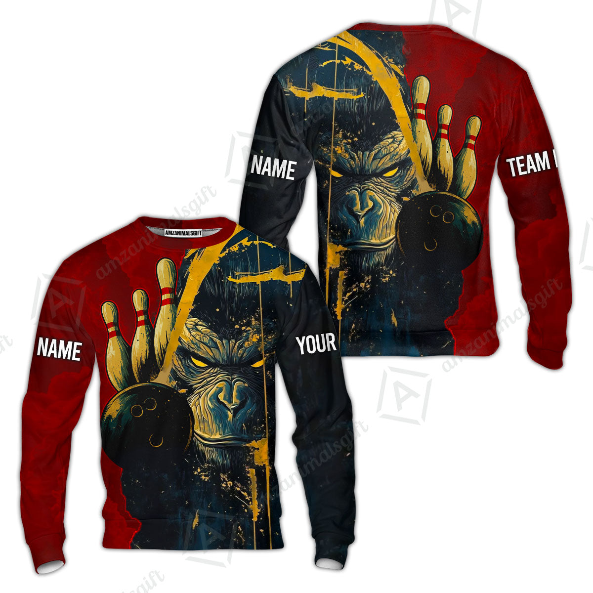 Custom Team Name Bowling Team Jersey - Bowling uniforms Godzilla KingKong Pattern Bowling Quarter-Zip Polo Shirts - Uniform Shirt For Bowlers