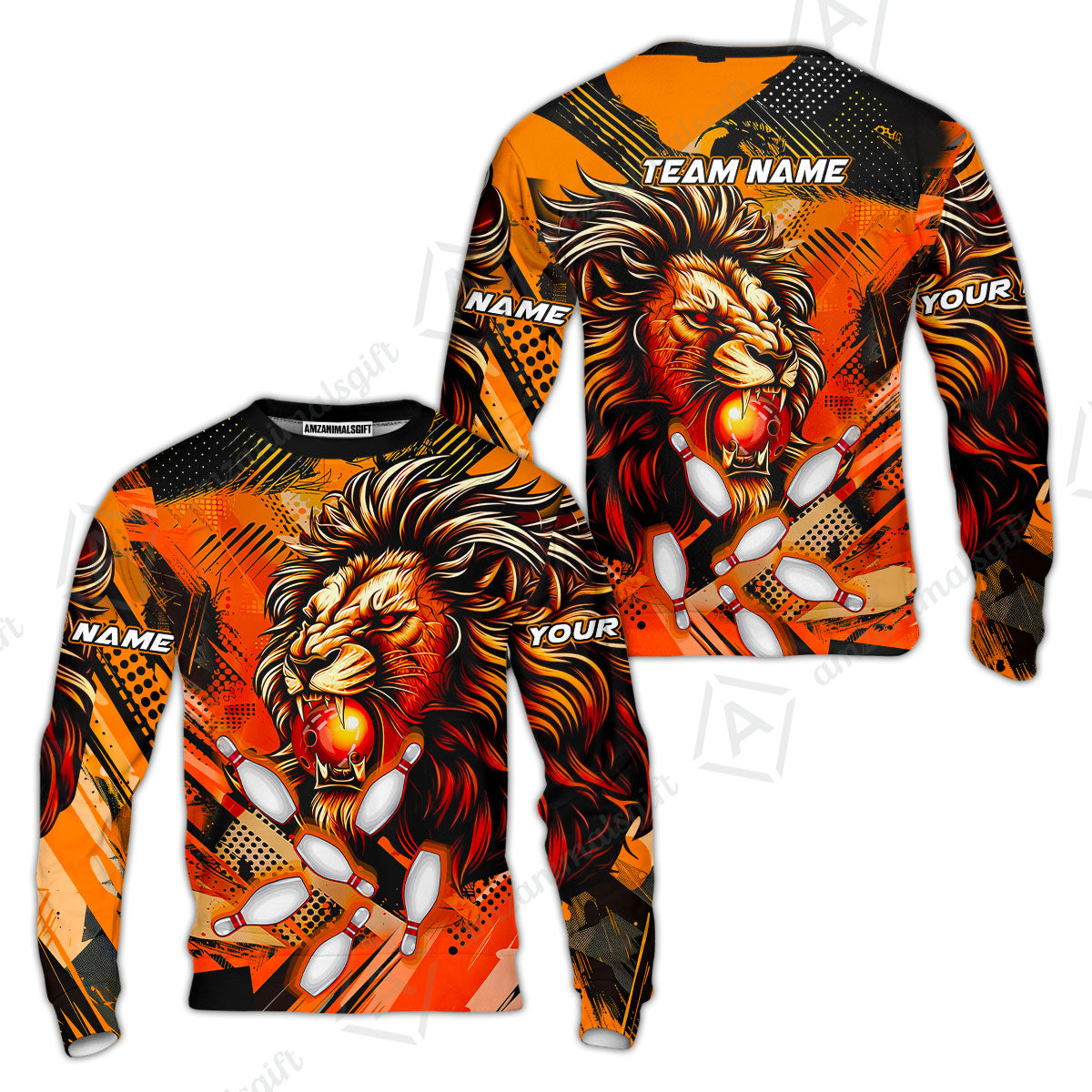 Custom Bowling Team Jerseys Shirts, Bowling uniforms Ball & Pins Lion Pattern Personalized Name And Team Name