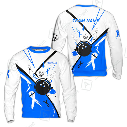Custom Bowling Team Uniform Shirts, Bowling Ball Strike Pins And Blue Ribbon Shirt, Personalized Team & Player Jersey
