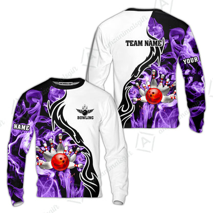 Customized Bowling Unisex Polo Shirt, Bowling And Pins Purple Smoke Pattern Customized Name And Team Polo Jerseys Shirts