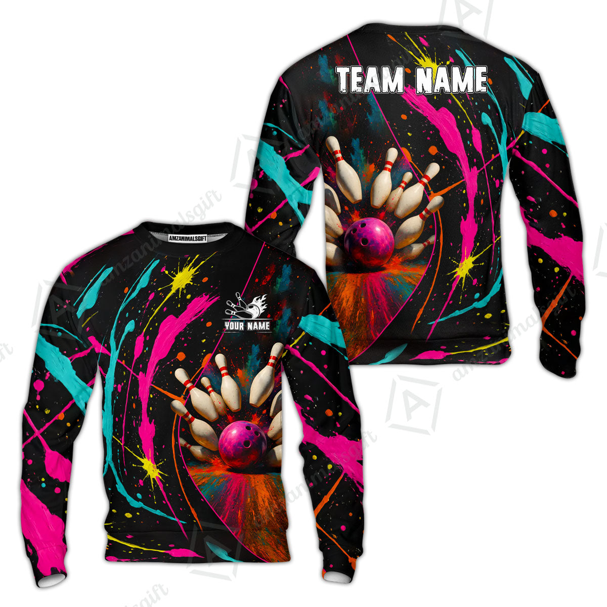 Custom Colorful Splash Bowling Team Jerseys Polo Shirts, Bowling uniforms, Multicolor Splash Bowling Personalized Name And Team Name