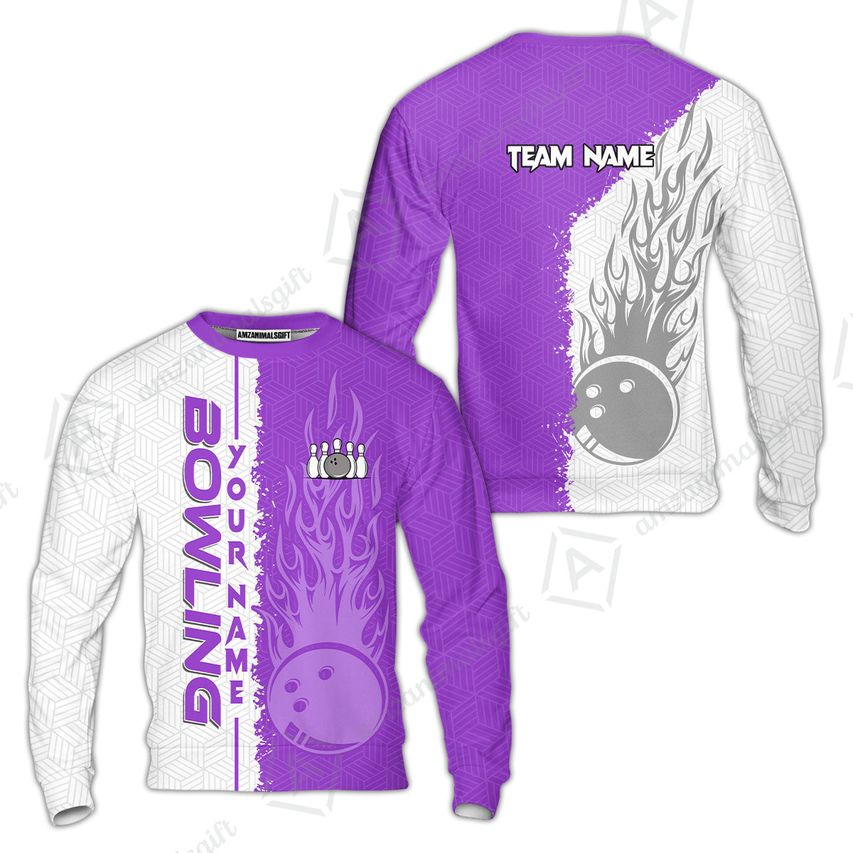 Custom White and Purple Flame Bowling Team Jersey Polo Shirts, Bowling Team Uniforms Jerseys, Personalized Name And Team Name