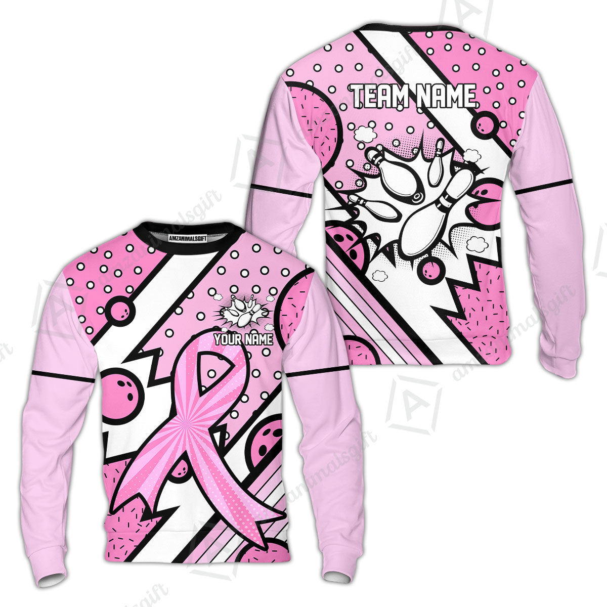 Customized Bowling Team Polo Jersey, Bowling Pink Ribbon Comic Style Uniform Shirt For Bowlers