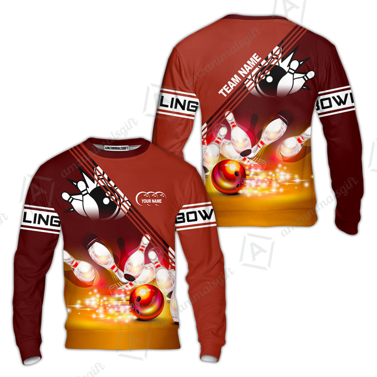 Customized Bowling Jersey Shirt, Red Bowling Ball Crashing into the Pins Personalized Name Team Name Logo Polo Shirts for Tom Taylor