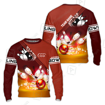 Customized Bowling Jersey Shirt, Red Bowling Ball Crashing into the Pins Personalized Name Team Name Logo Polo Shirts for Tom Taylor