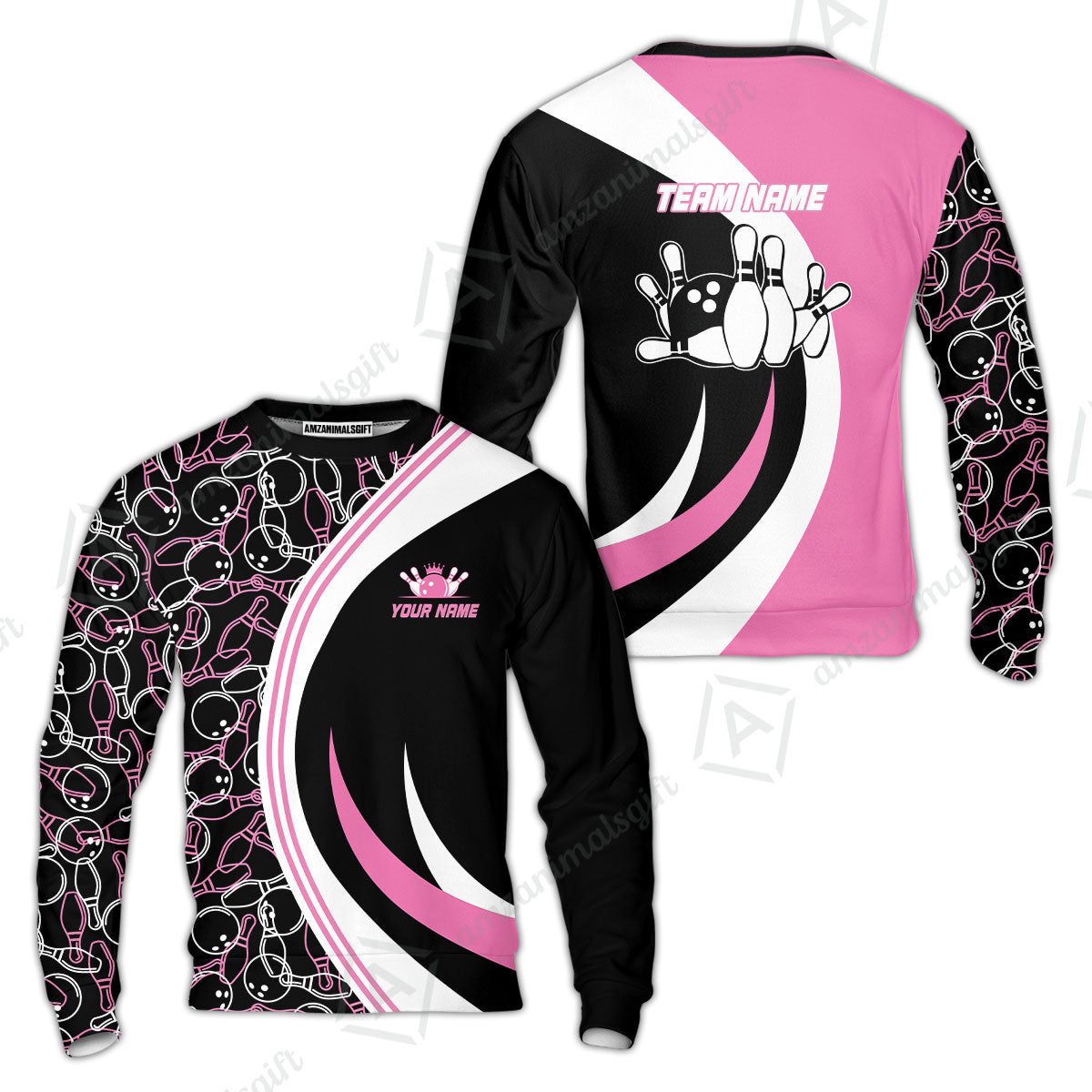 Custom Team Name Black Pink Bowling Team Jersey - Bowling uniforms  Seamless Pattern Bowling Zip Polo Shirts - Uniform Shirt For Bowlers