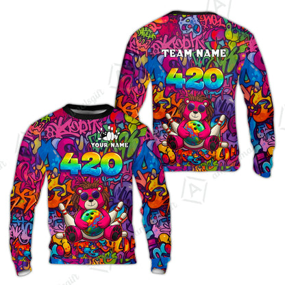Custom Bowling Jersey Polo Shirt, 420 Graffiti Stoner Bear Colorful Street Art, Custom Bowling Jersey Team Shirt For Players With Name & Team Name