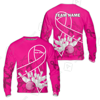 Custom Bowling Team Jerseys Polo Shirts for Breast Cancer Awareness, Bright Pink Bowling uniforms, pink bowling ball striking white pins Bowling Polo