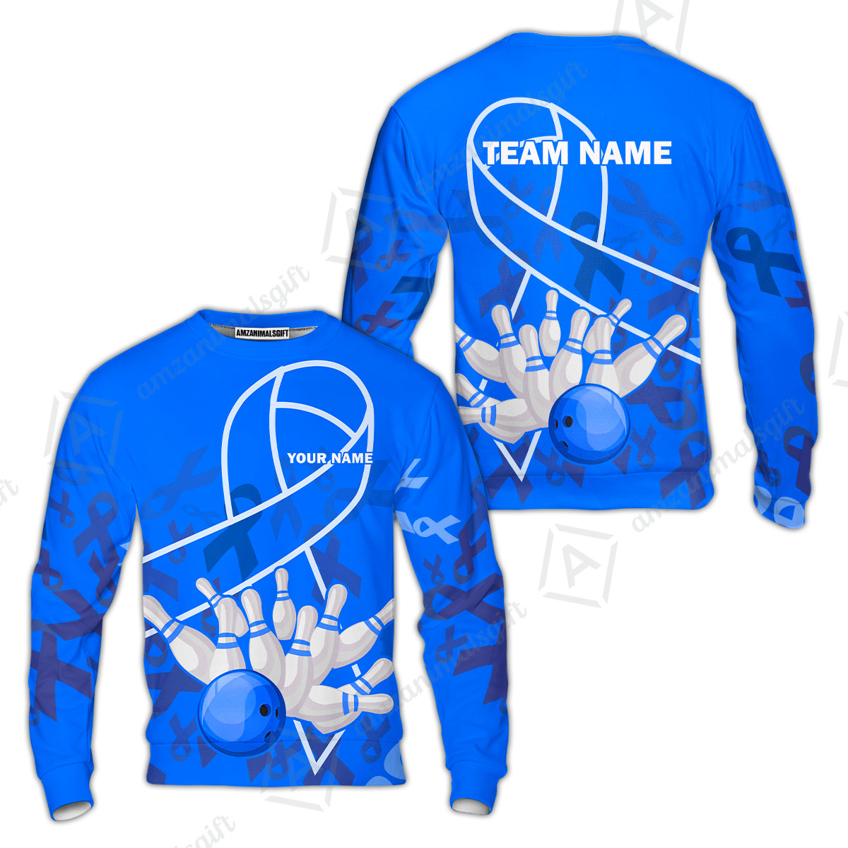 Custom Bowling Team Uniform Shirts, Blue Ribbon & Bowling Ball Strike Shirt, Personalized Team & Player Jersey