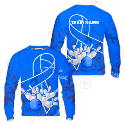 Custom Bowling Team Uniform Shirts, Blue Ribbon & Bowling Ball Strike Shirt, Personalized Team & Player Jersey