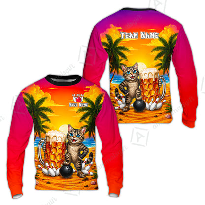 Custom Bowling Jersey Polo Shirt, Beer & Bowling Cat, Custom Bowling Jersey Team Shirt For Players With Name and Team Name