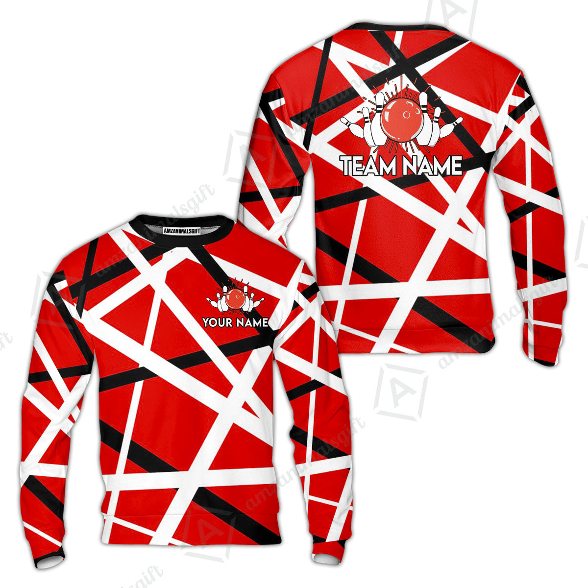 Custom Bowling Team Jersey Shirt, Bowling uniforms Vintage Retro Rock Style Guitar Red & White Personalized Name And Team Name