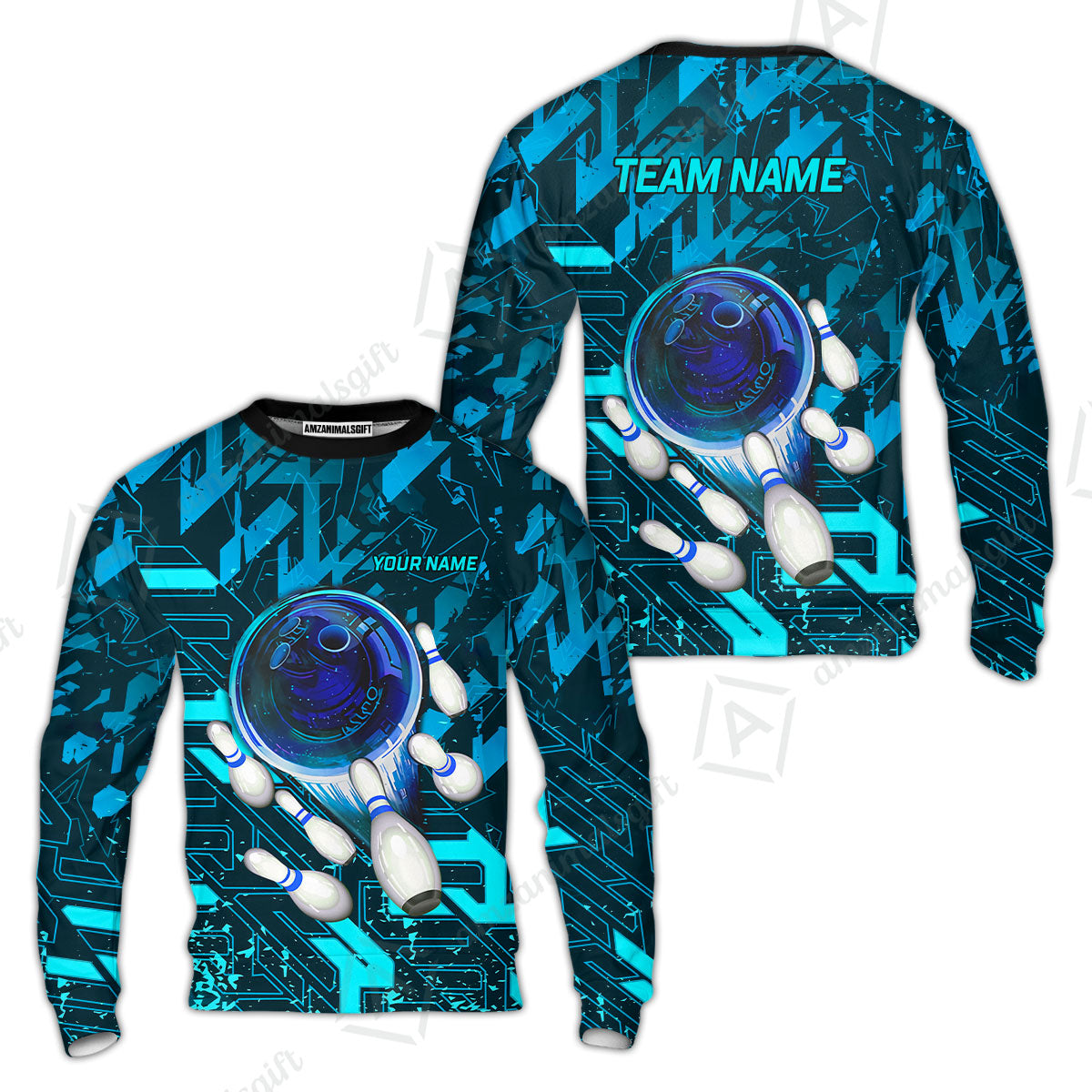 Customized Blue Metric Abstract Bowling Team Jersey, Personalized Name Bowling Quarter-Zip Uniforms For Bowlers, Team League