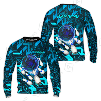 Customized Blue Metric Abstract Bowling Team Jersey, Personalized Name Bowling Quarter-Zip Uniforms For Bowlers, Team League