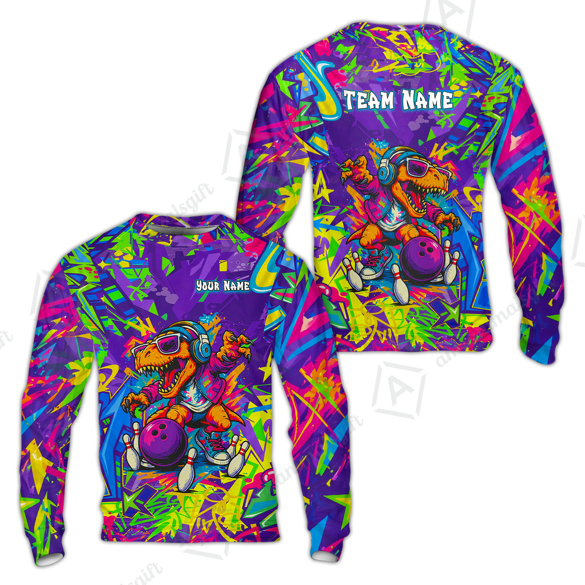 Custom Bowling Jersey Polo Shirt, Vibrant Neon Graffiti DJ T-Rex, Custom Bowling Jersey Team Shirt For Players With Name and Team Name