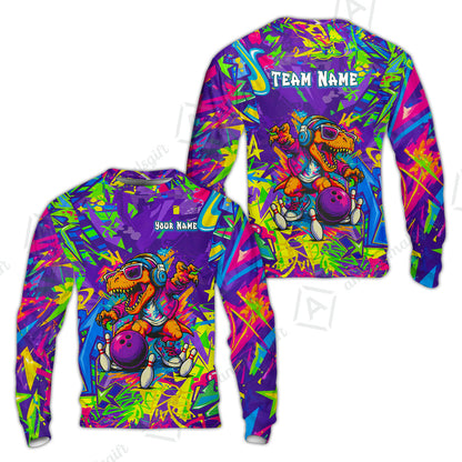 Custom Bowling Jersey Polo Shirt, Vibrant Neon Graffiti DJ T-Rex, Custom Bowling Jersey Team Shirt For Players With Name and Team Name