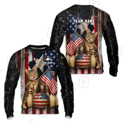 Custom Bowling Jersey Polo Shirt, American Flag and Alley Cats, Custom Bowling Jersey Team Shirt For Players With Name and Team Name