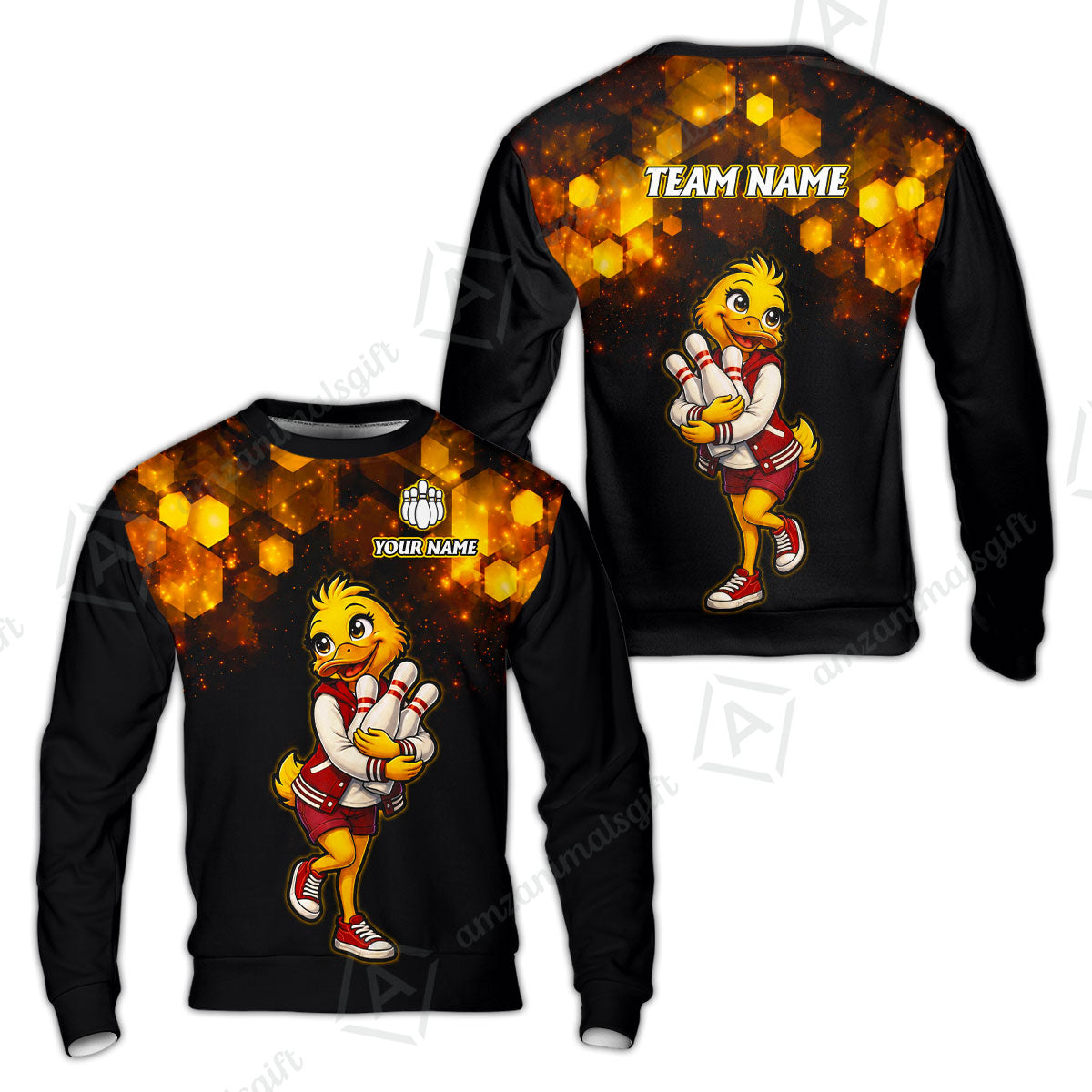Custom Bowling Jersey Polo Shirt, Golden Glow Varsity Duckling Mascot, Custom Bowling Jersey Team Shirt For Players With Name and Team Name