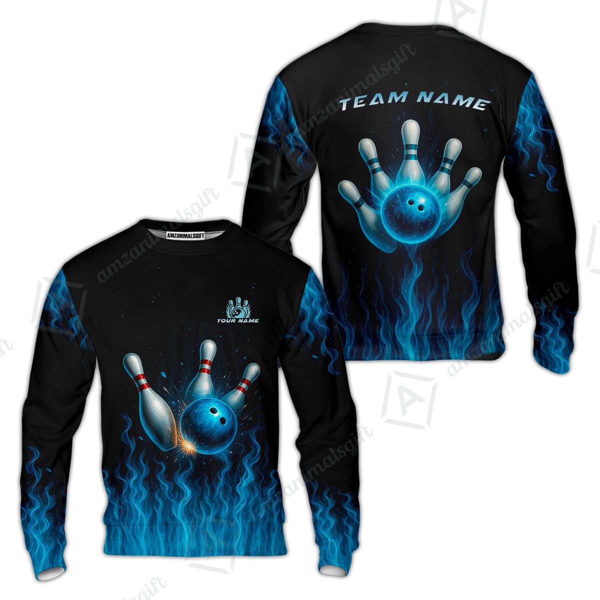 Customized Bowling Sweatshirt, Intense Blue Flame Strike Sweatshirt For Bowling Team, Bowlers