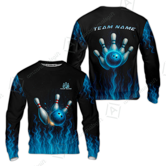 Customized Bowling Sweatshirt, Intense Blue Flame Strike Sweatshirt For Bowling Team, Bowlers