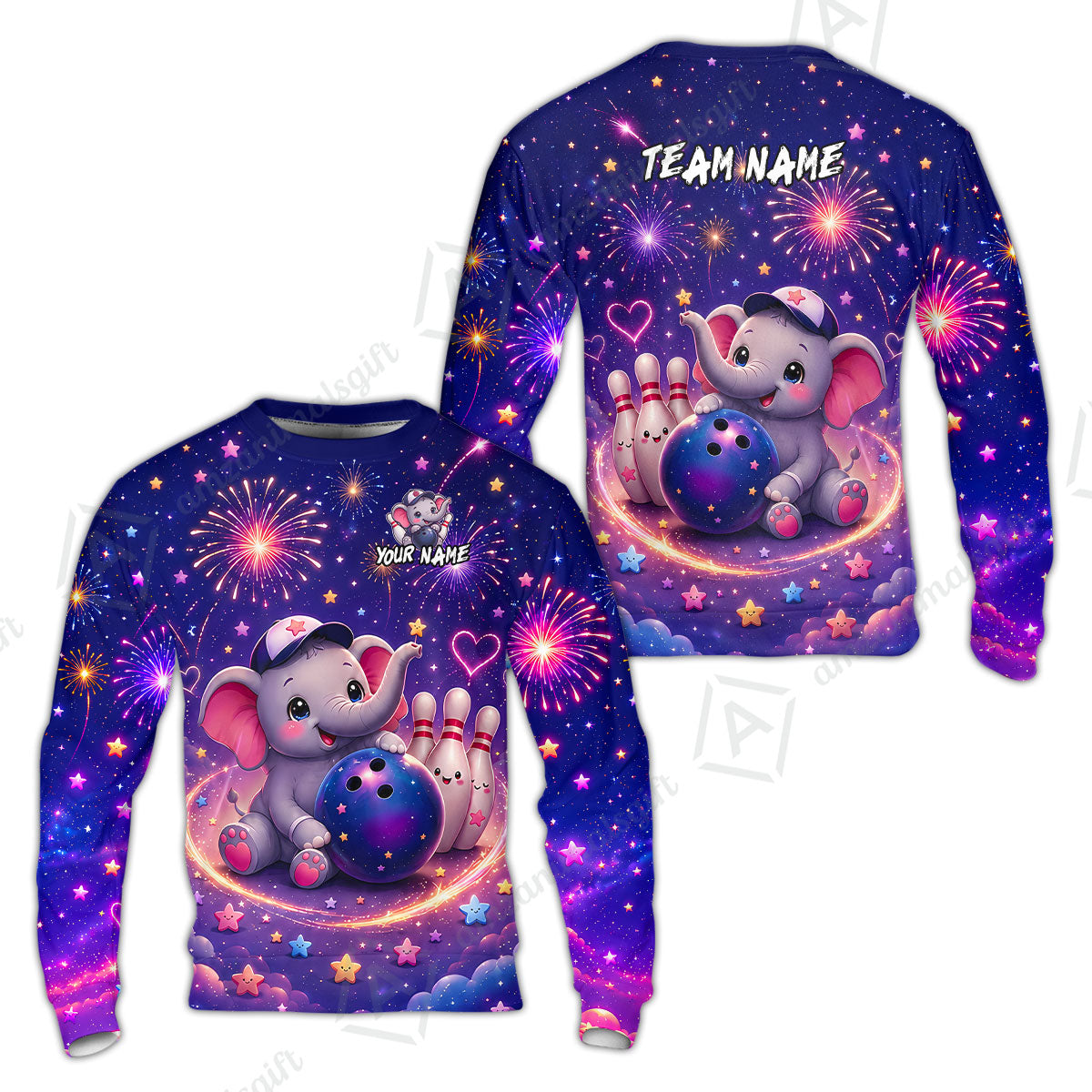 Custom Bowling Jersey Polo Shirt, Cute Elephant Holding Ball, Personalize Name and Team Name