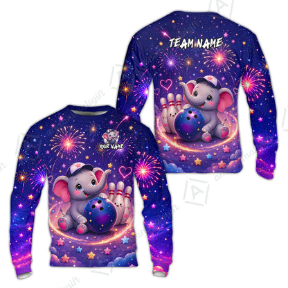 Custom Bowling Jersey Polo Shirt, Cute Elephant Holding Ball, Personalize Name and Team Name