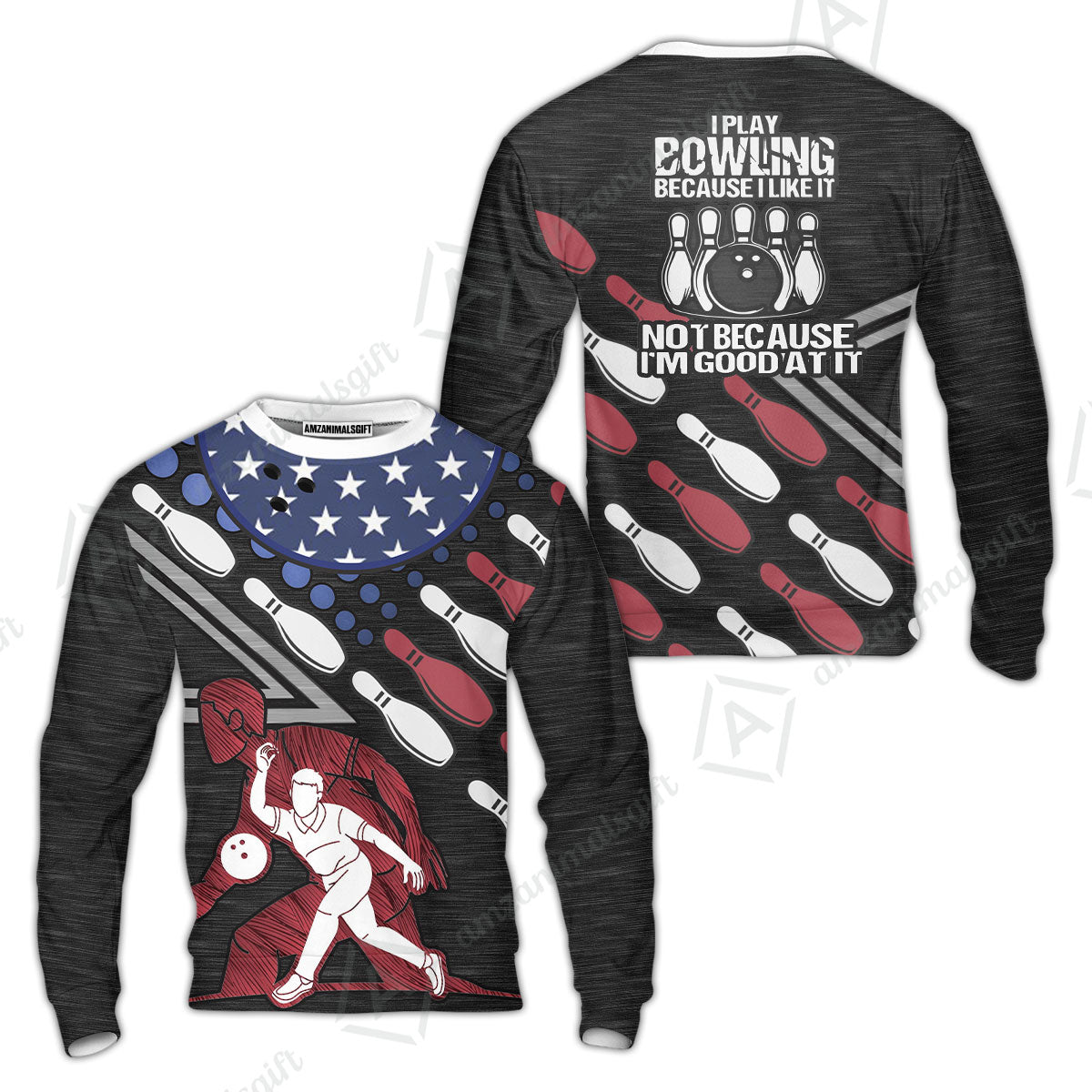 Customized Bowling Polo Shirt - I Play Bowling Because I Like It , American Flag Bowling Team Jersey Polo Shirts - Bowling Team Uniforms Jerseys