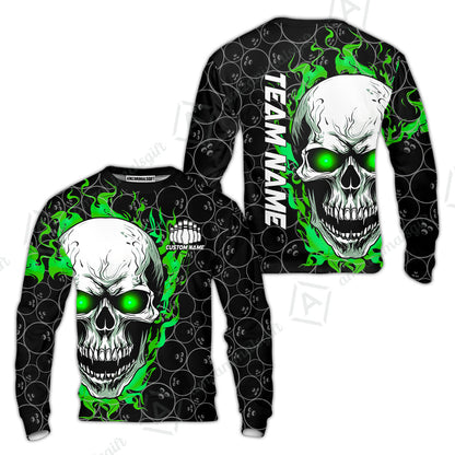Personalized Bowling Unisex Polo Shirt, Green Flaming Skull Shirt For For Team Men Women Bowlers
