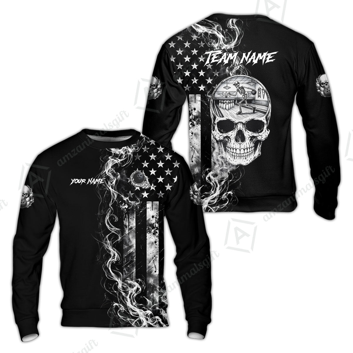 Custom Bowling Jersey Polo Shirt, Gothic Skeleton Skull Strike, Custom Bowling Jersey Team Shirt For Players With Name and Team Name