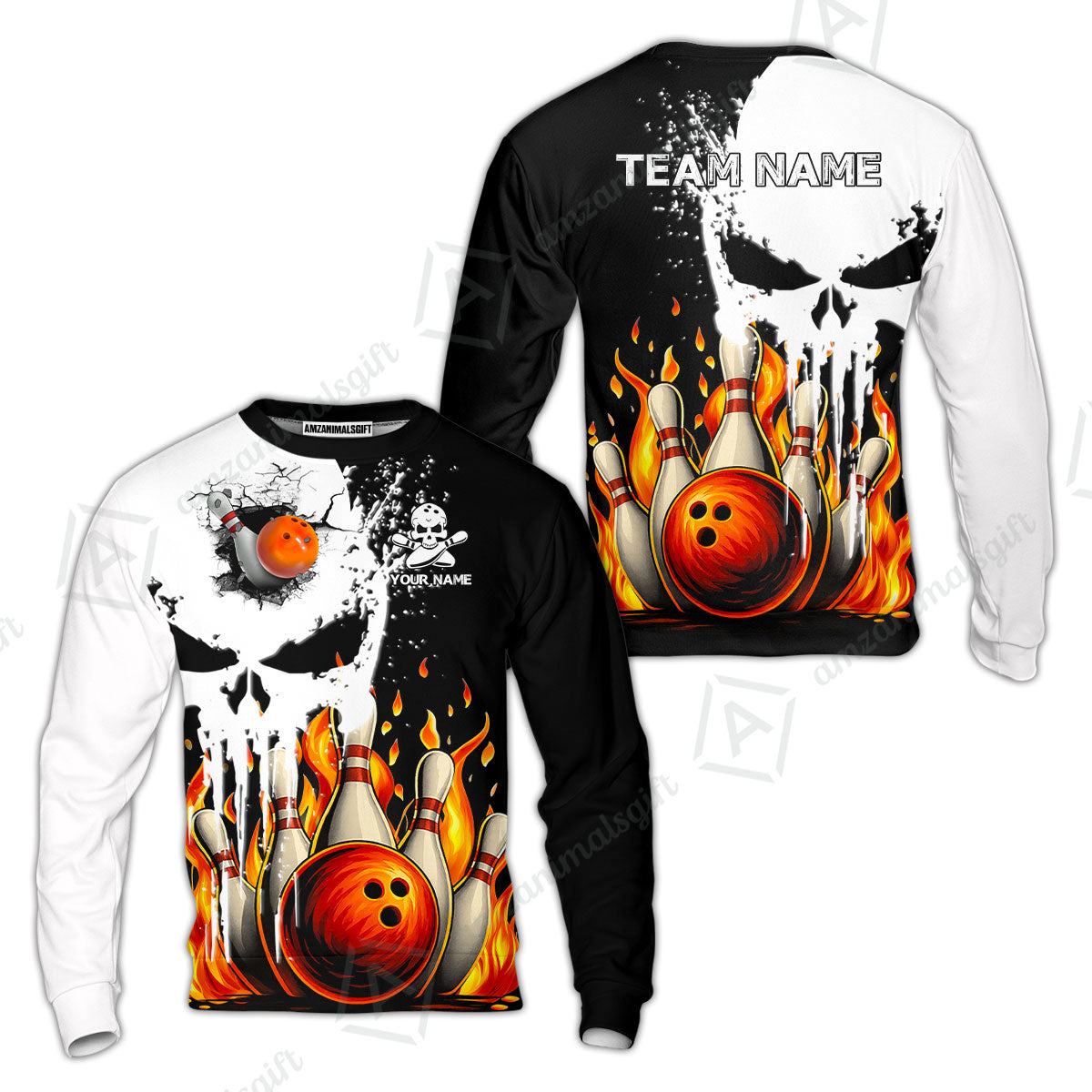Custom Bowling Team Uniform Skull with Flaming Bowling and Pins, Personalized Name And Team Name