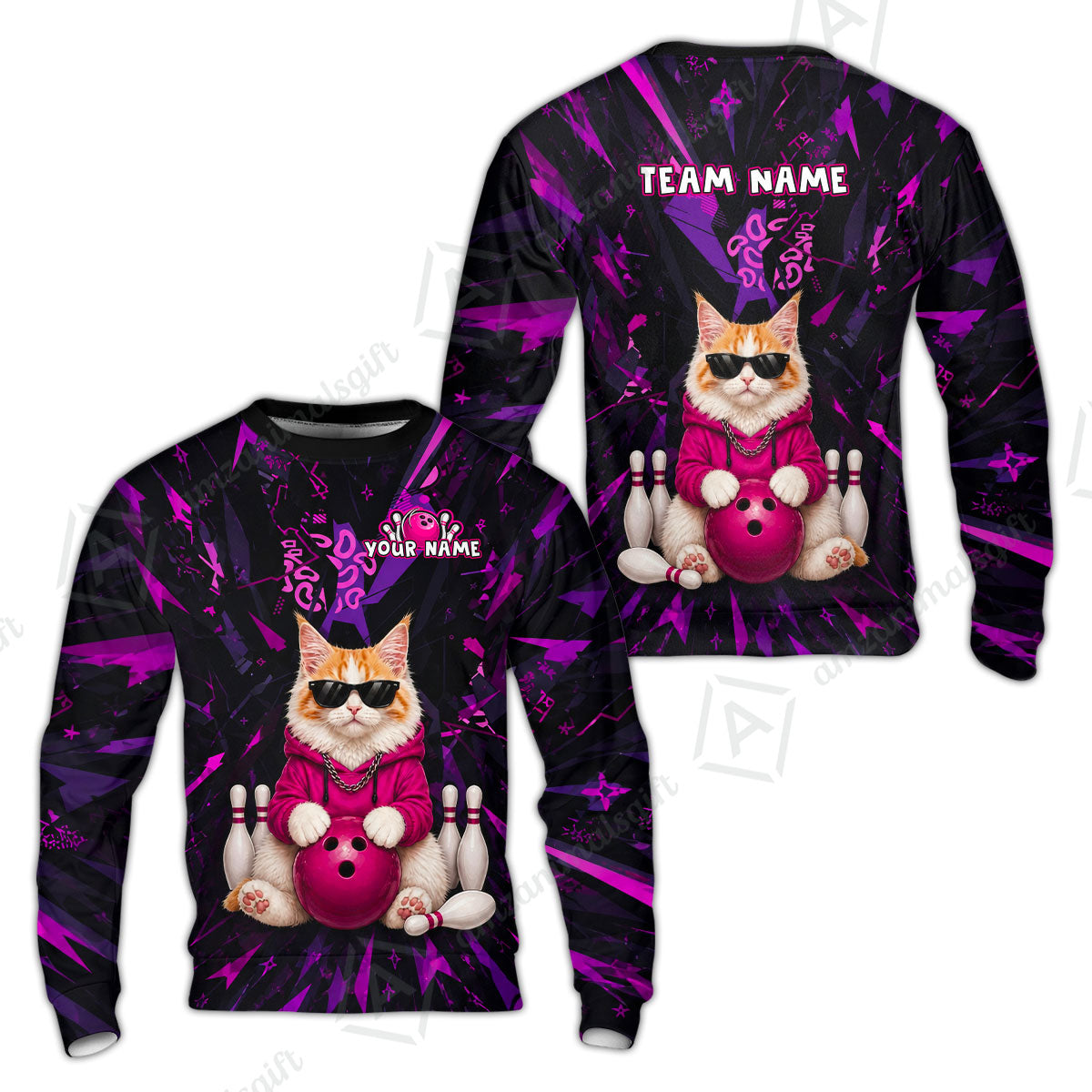 Custom Bowling Jersey Polo Shirt, Neon Hip Cat, Custom Bowling Jersey Team Shirt For Players With Name and Team Name