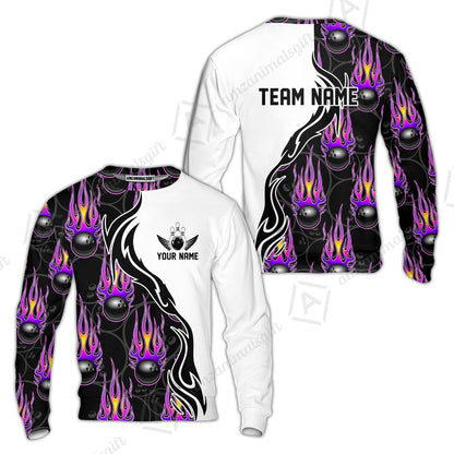 Customized Bowling Quarter-Zip Stand Collar Jersey Shirt, Bowling Ball With Fire Pattern Shirt For Team Men Women Bowler