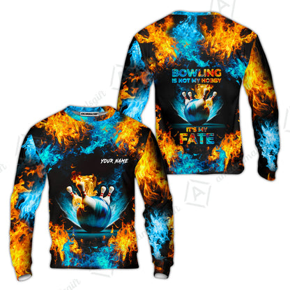 Bowling Custom Zip Polo Shirt - Custom Name Blue Bowling Ball And Pins On Fire Personalized Bowling Zip Polo Shirt